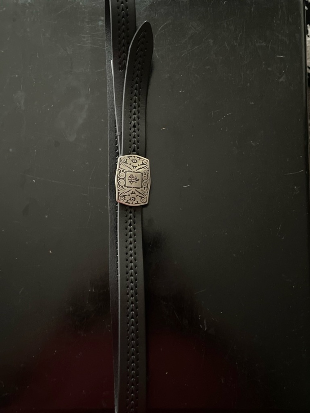 John Varvatos Black Leather Belt with Ornate Silver-Tone Buckle